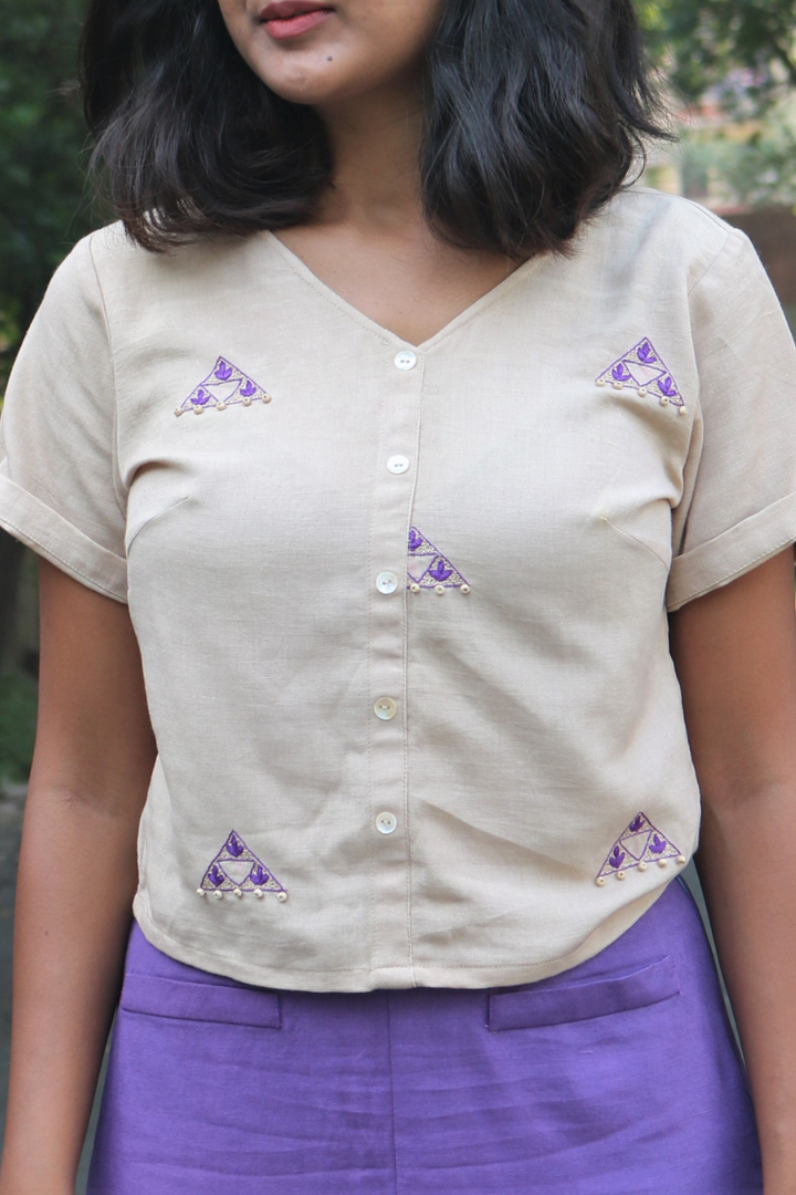 Beige Hand-Embroidered crop top