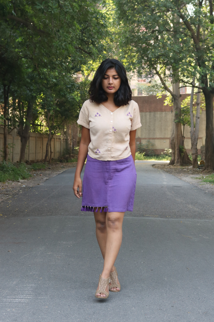 Beige Hand-Embroidered crop top