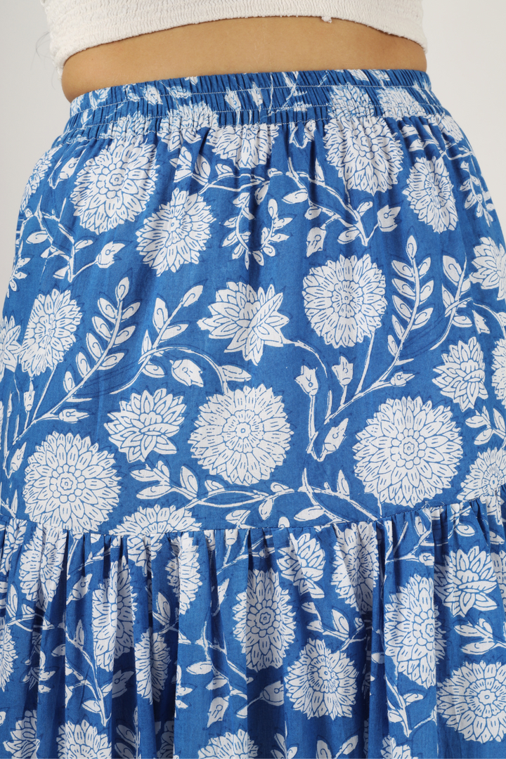 Blue Hand-Block Printed Cotton Maxi Skirt