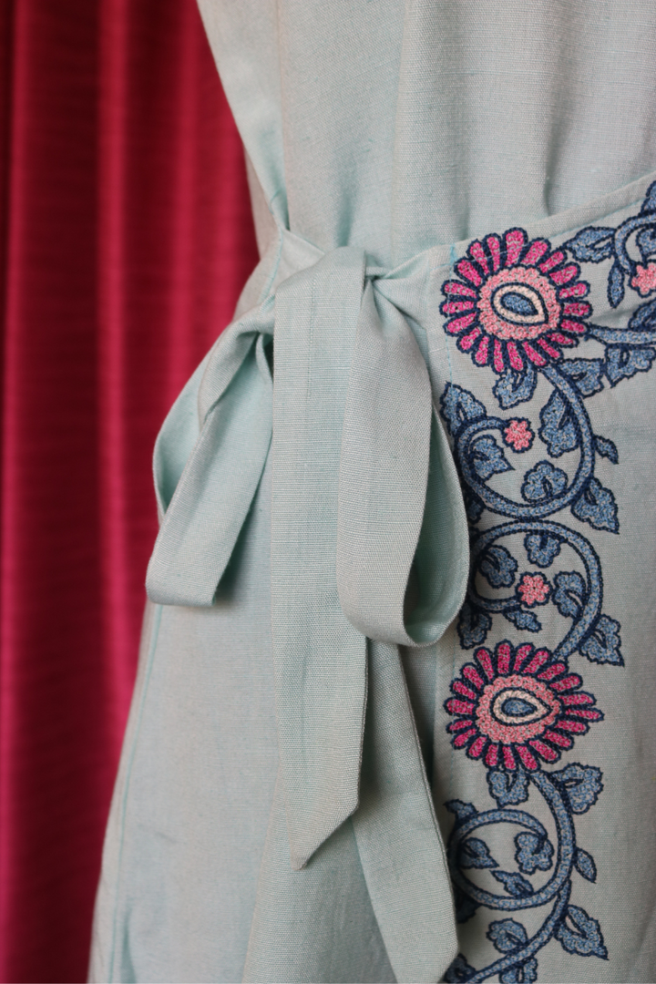 Sky Blue Hand-Embroidered Wrap Dress