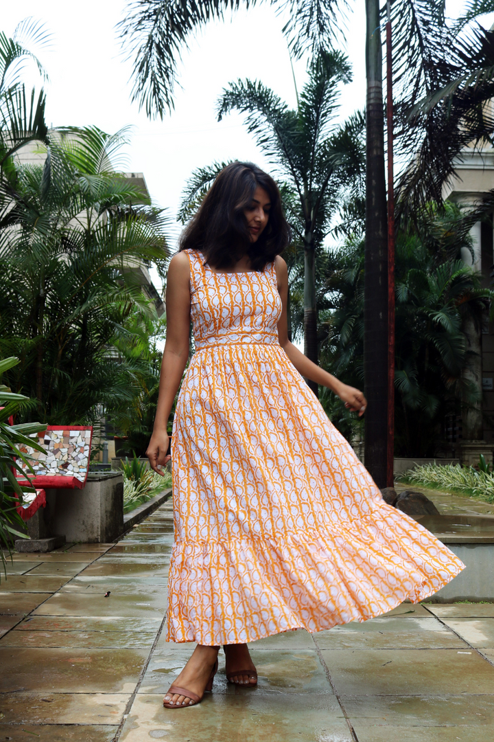 Orange Hand-Block Printed Maxi Dress