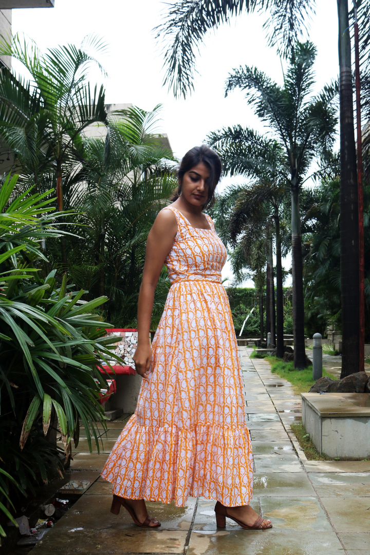 Orange Hand-Block Printed Maxi Dress