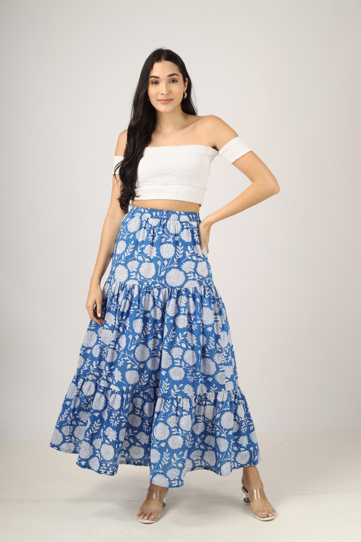 Blue Hand-Block Printed Cotton Maxi Skirt