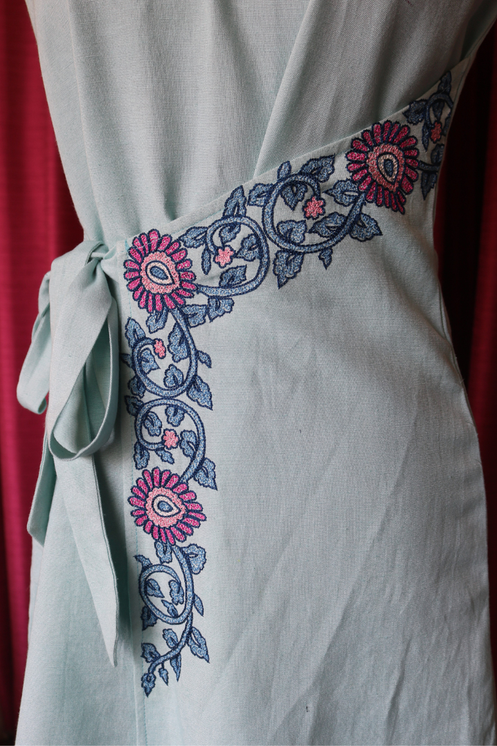 Sky Blue Hand-Embroidered Wrap Dress