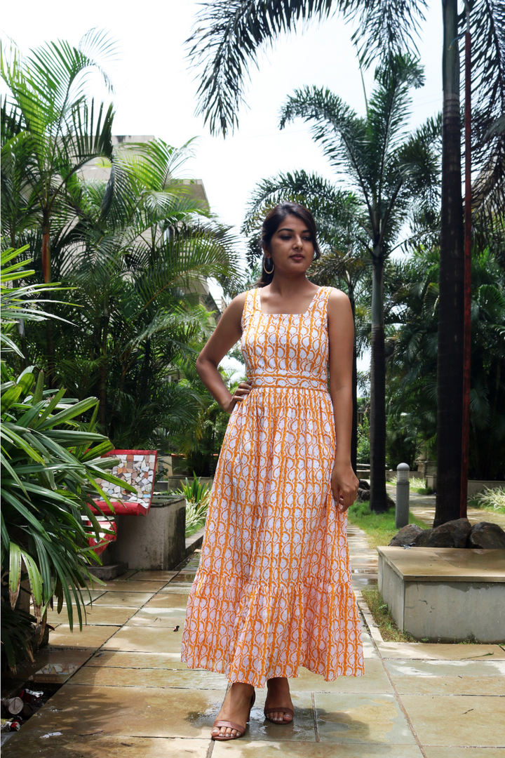 Orange Hand-Block Printed Maxi Dress