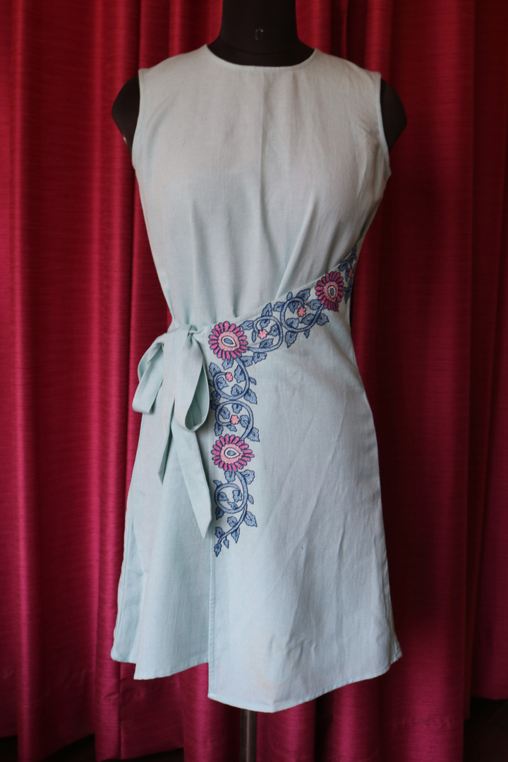 Sky Blue Hand-Embroidered Wrap Dress