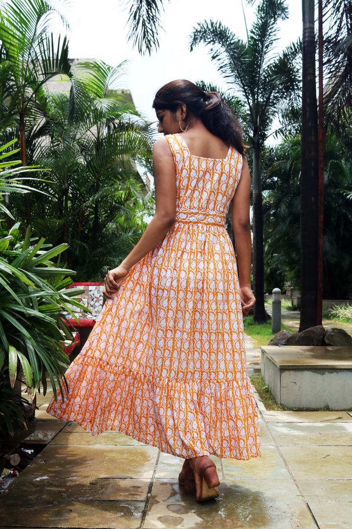 Orange Hand-Block Printed Maxi Dress