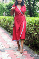 Load image into Gallery viewer, Red Hand-Embroidered Wrap Dress
