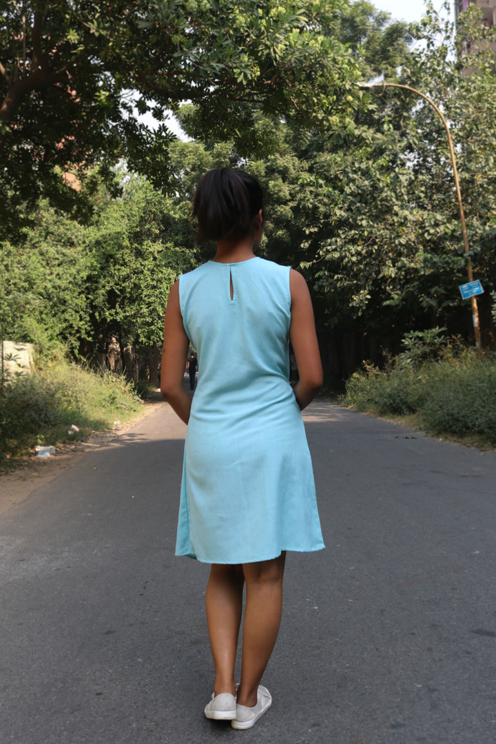 Sky Blue Hand-Embroidered Wrap Dress