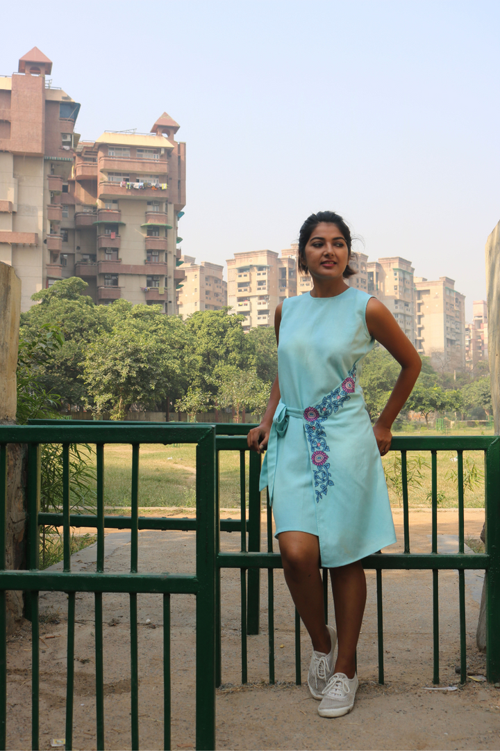 Sky Blue Hand-Embroidered Wrap Dress