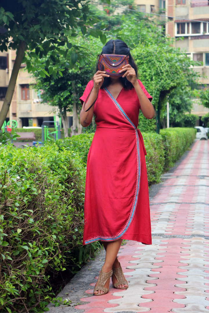 Red Hand-Embroidered Wrap Dress