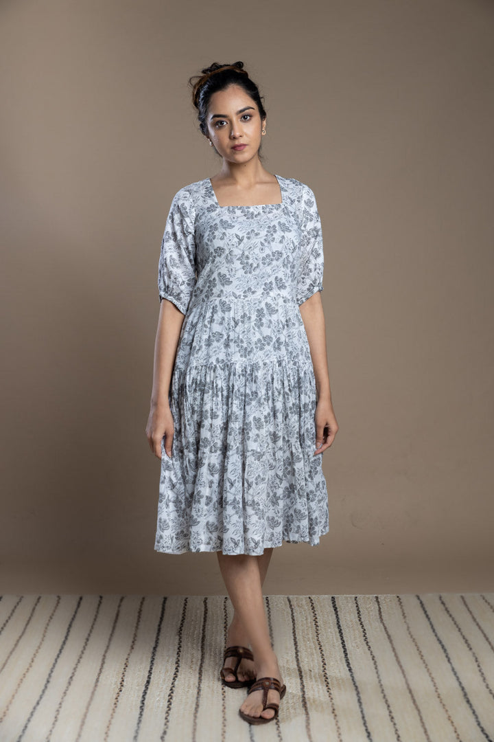 Grey Hand-Block Printed Floral Maxi Dress