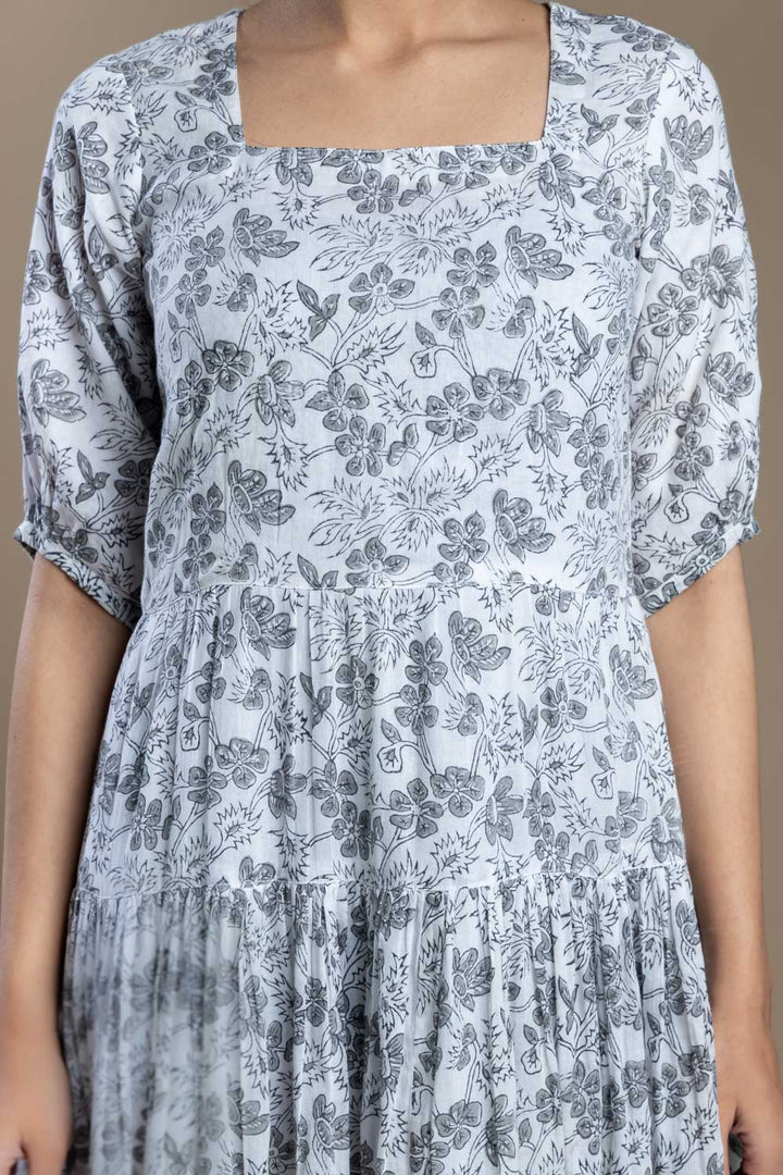 Grey Hand-Block Printed Floral Maxi Dress