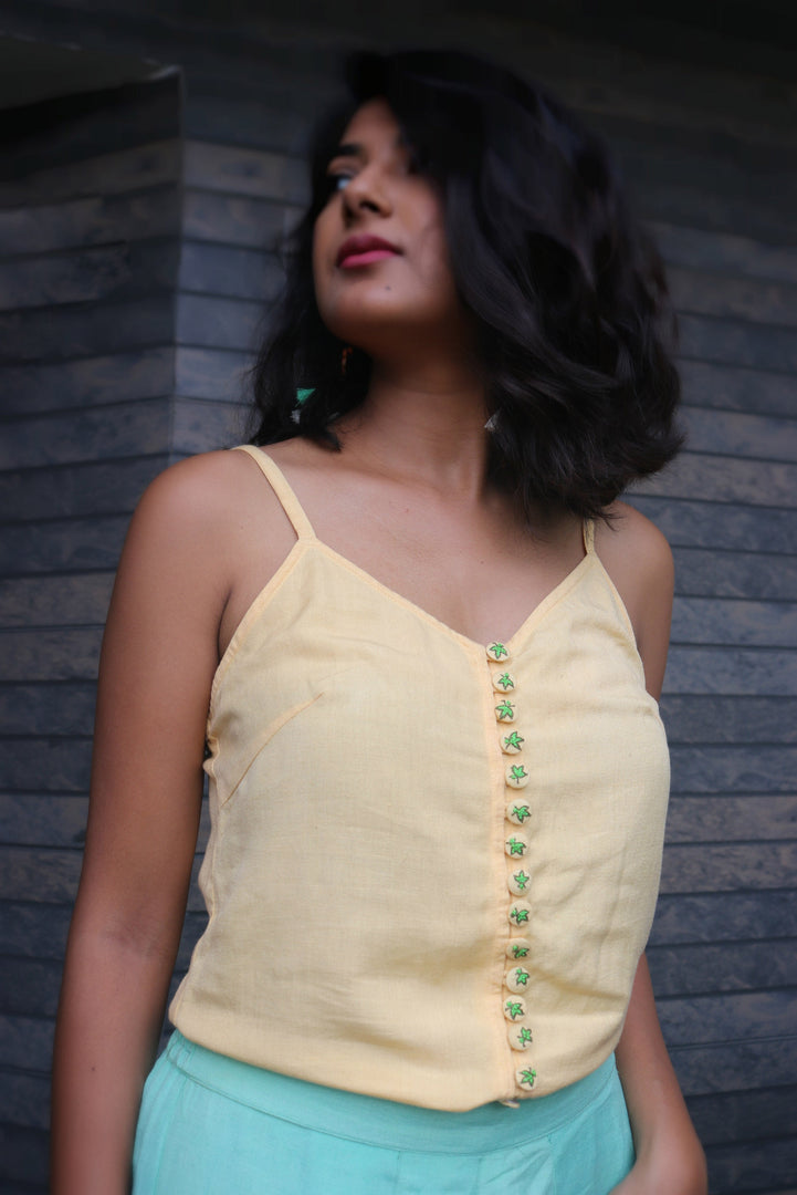 Yellow Embroidered Button top