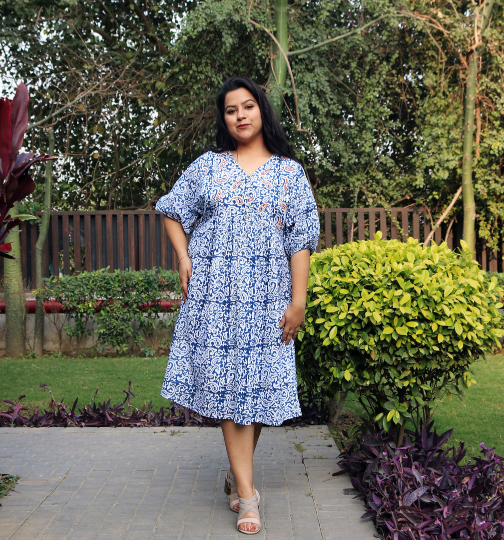 Blue Block Print Cotton Maxi Dress