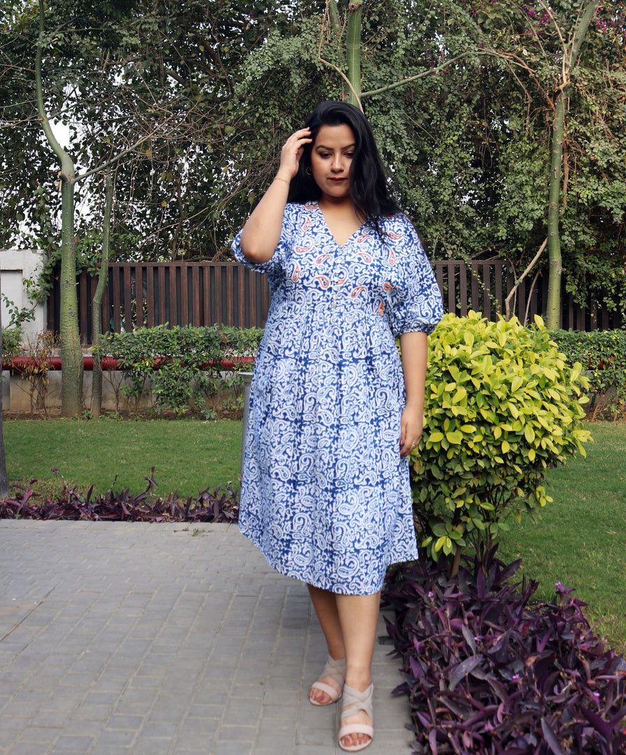 Blue Block Print Cotton Maxi Dress