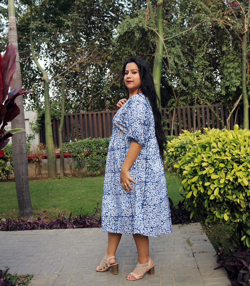 Blue Block Print Cotton Maxi Dress