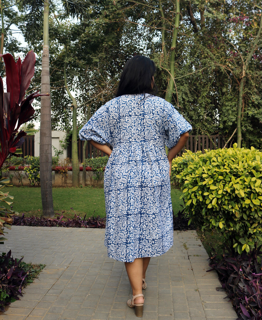 Blue Block Print Cotton Maxi Dress