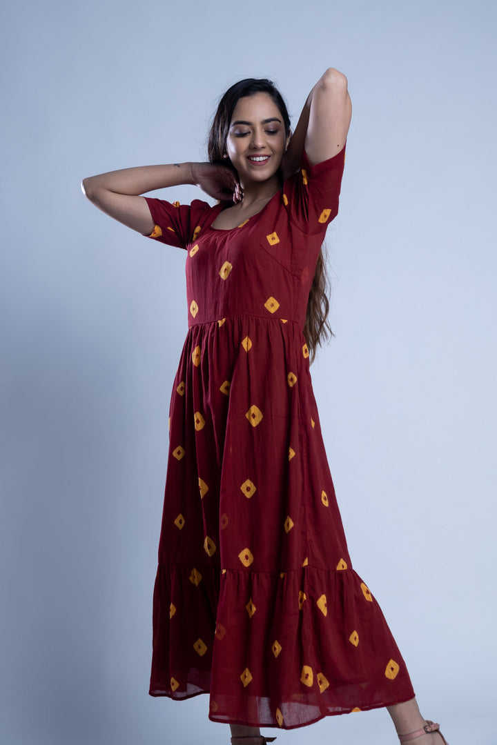 Maroon Tie-Dye Cotton Dress