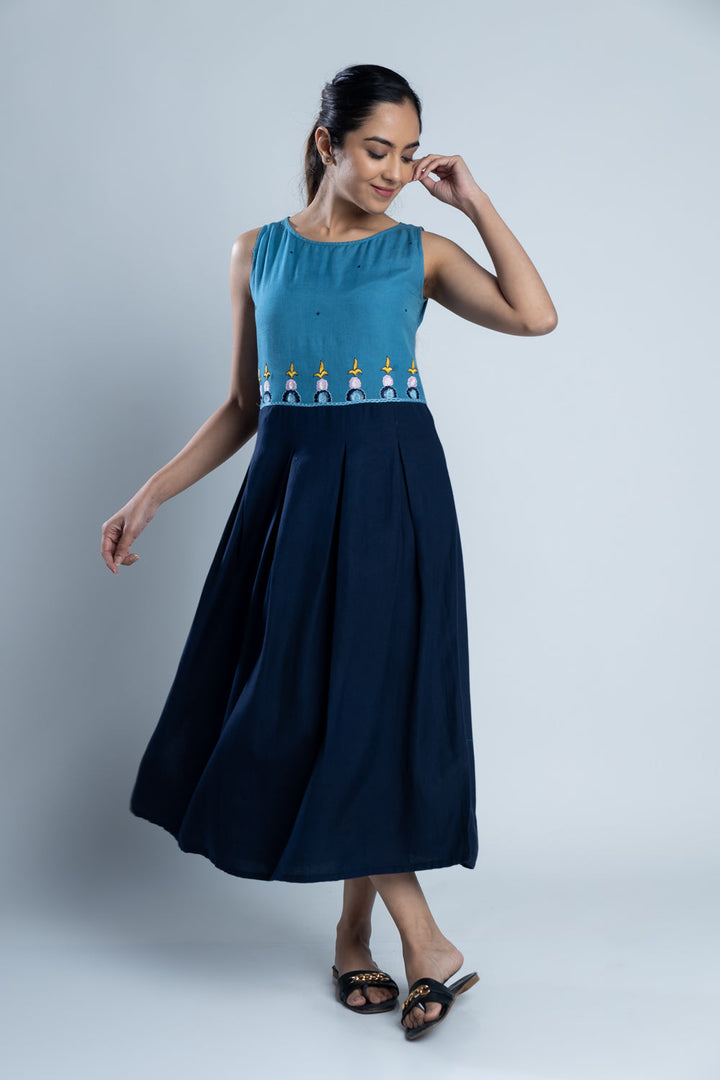 Blue Color-Block Hand Embroidered Dress