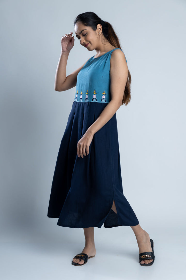 Blue Color-Block Hand Embroidered Dress