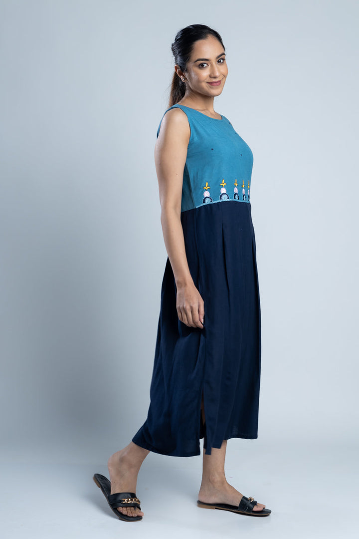 Blue Color-Block Hand Embroidered Dress