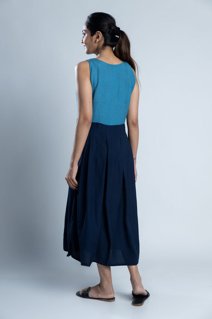 Blue Color-Block Hand Embroidered Dress