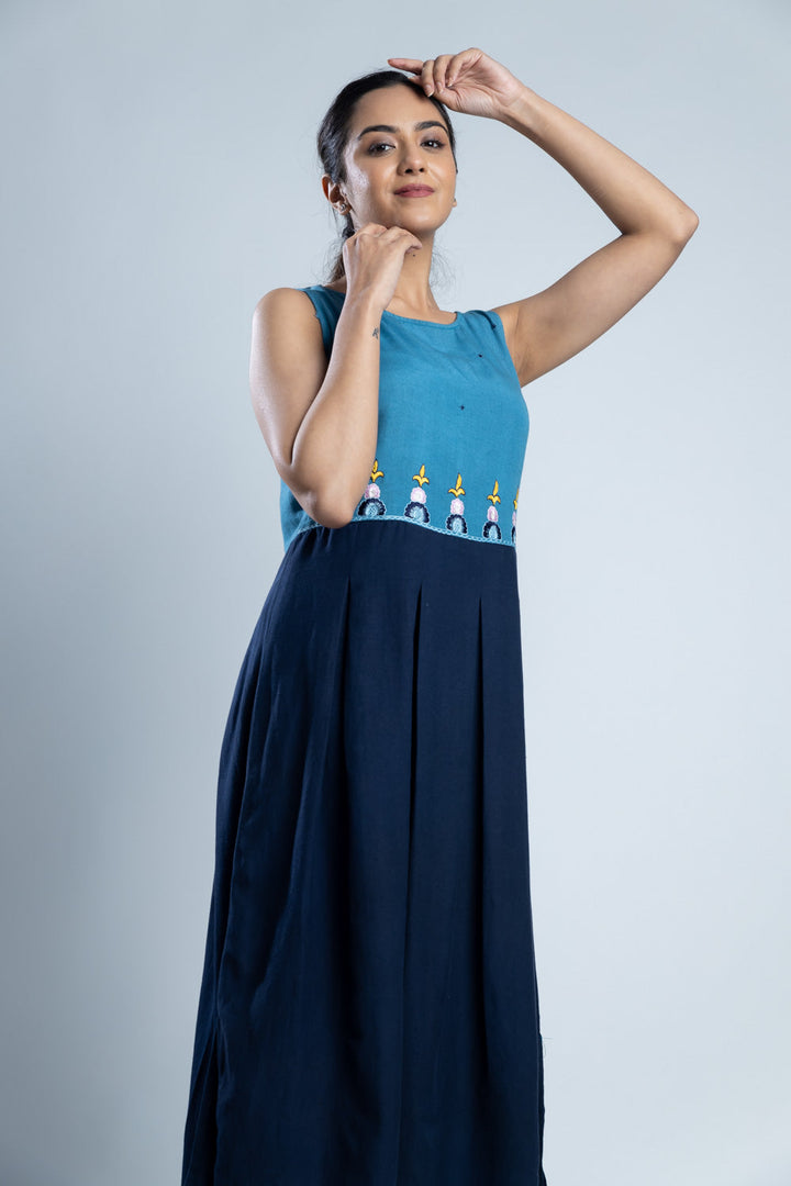 Blue Color-Block Hand Embroidered Dress