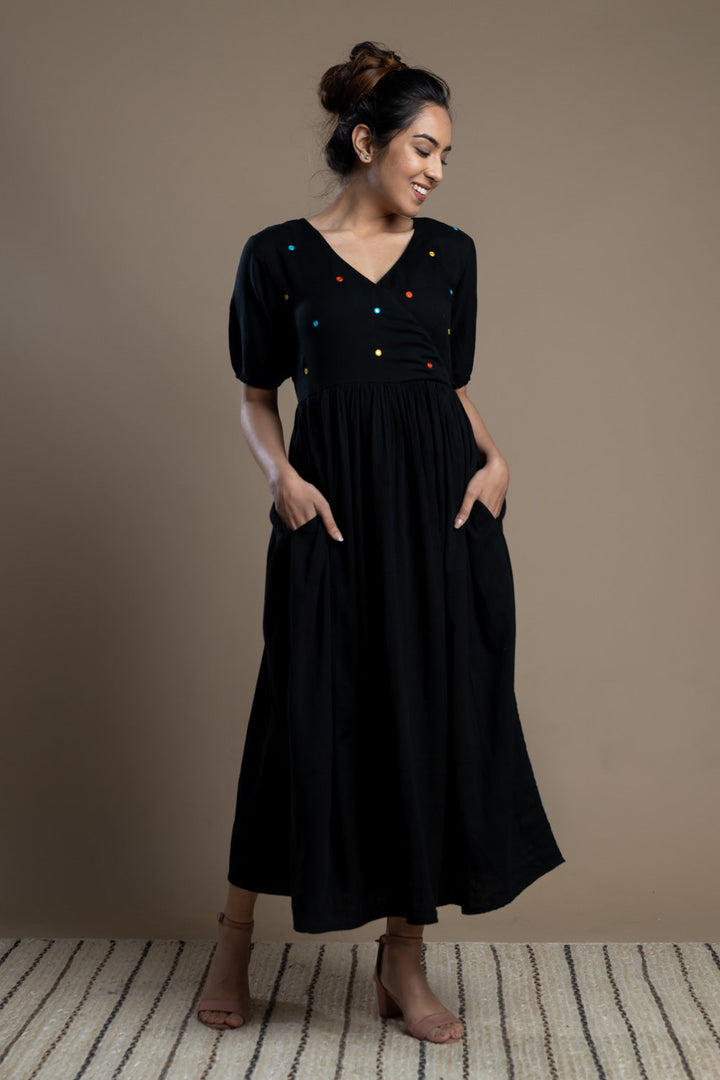 Black Mirror-work Cotton Maxi Dress