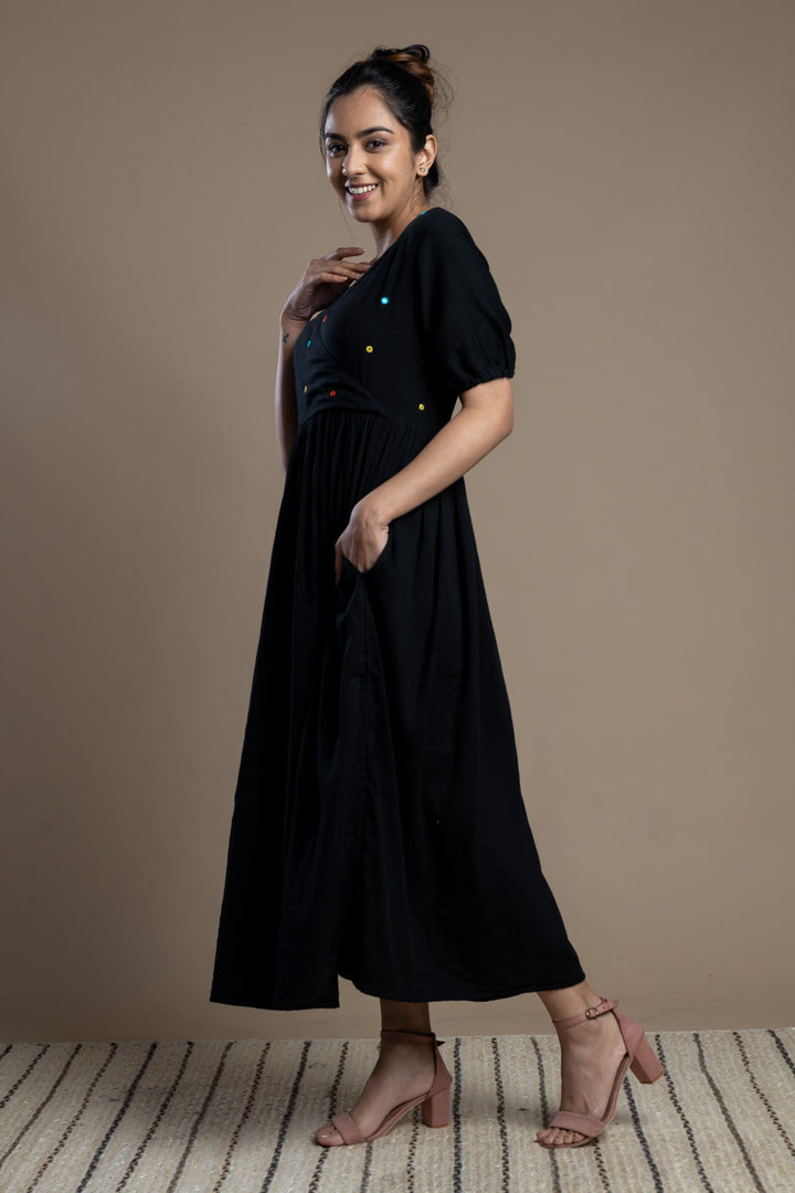 Black Mirror-work Cotton Maxi Dress