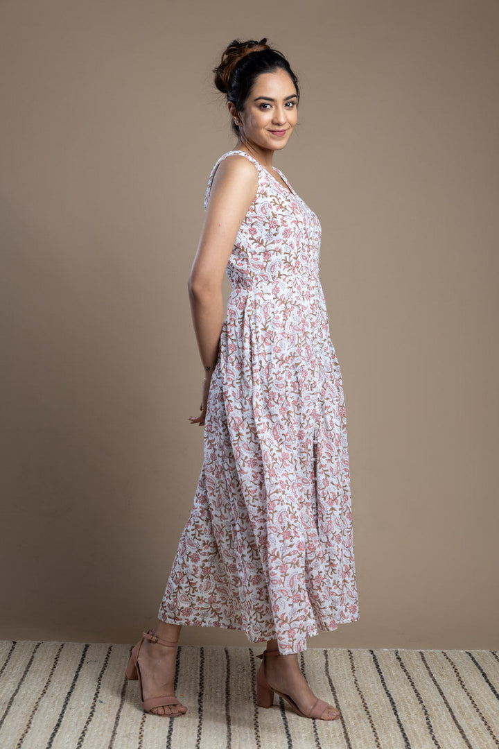 Pink Hand-Block Printed Cotton Maxi Dress