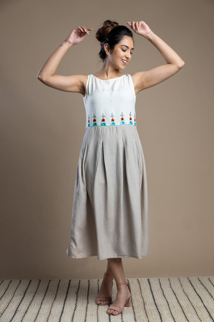 Grey Color Block Hand Embroidered Dress