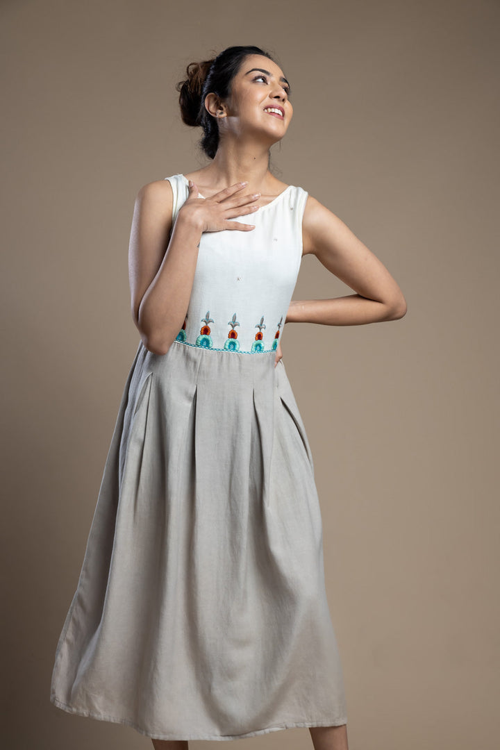 Grey Color Block Hand Embroidered Dress