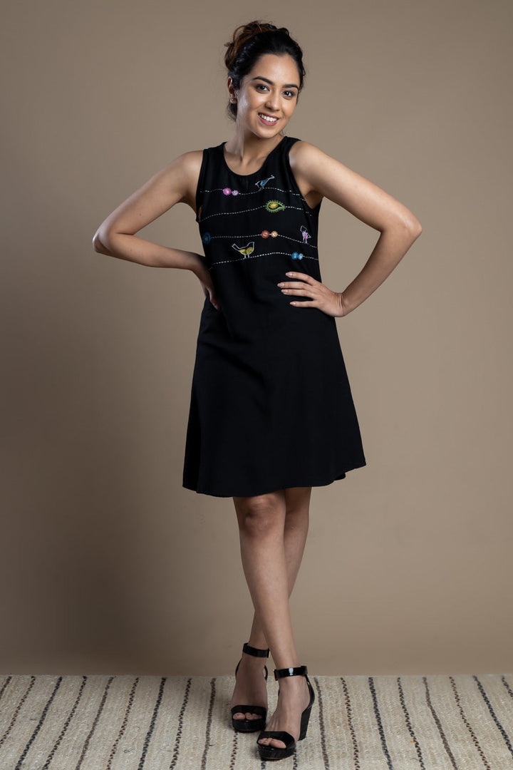 Black Bird Motif Shift Dress