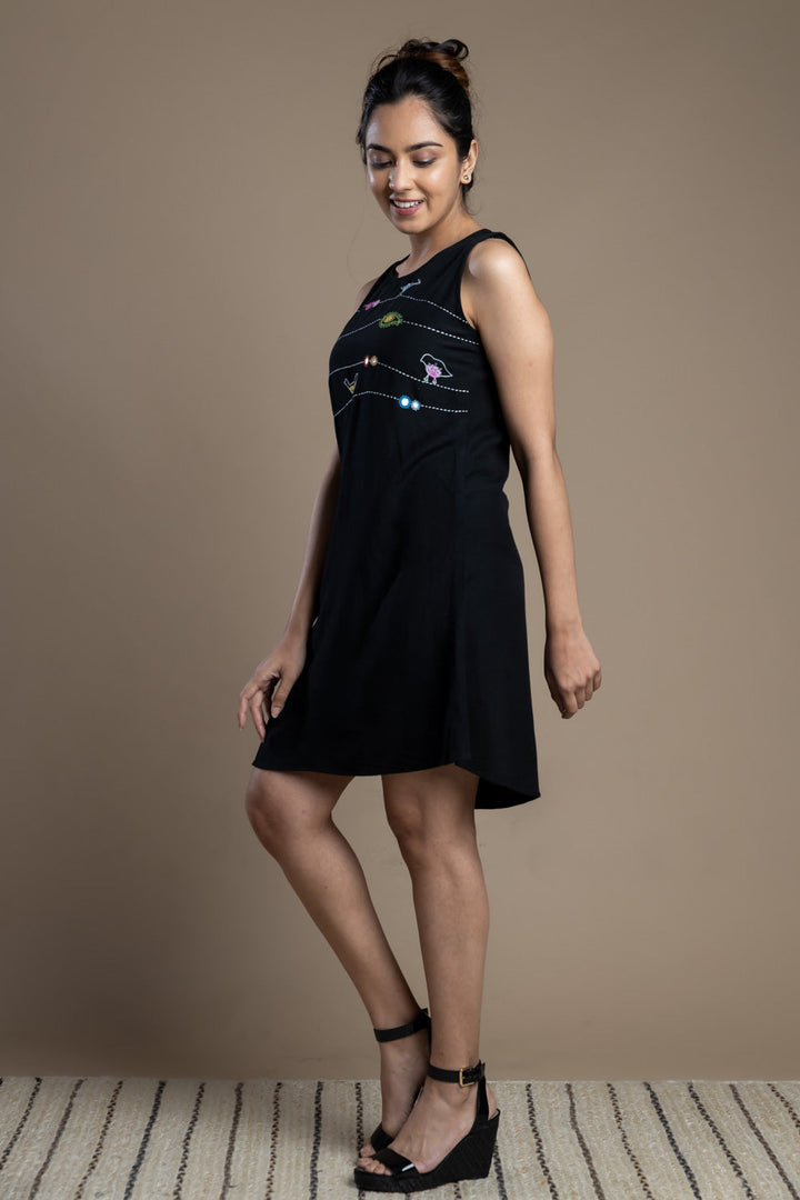 Black Bird Motif Shift Dress