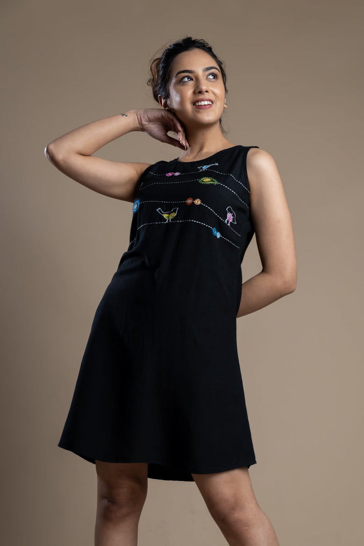 Black Bird Motif Shift Dress