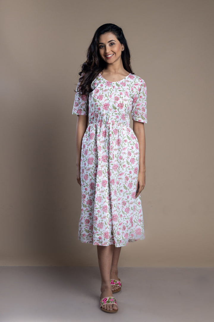 Hand-Block Printed Floral Maxi Dress