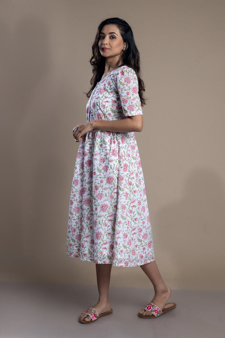 Hand-Block Printed Floral Maxi Dress