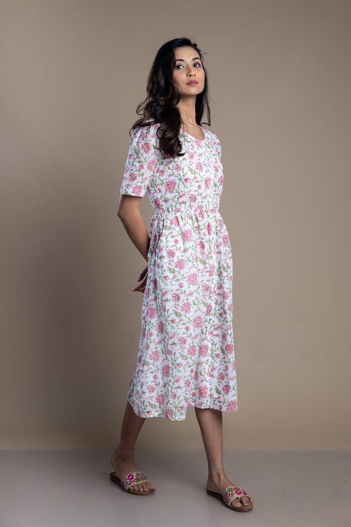 Hand-Block Printed Floral Maxi Dress