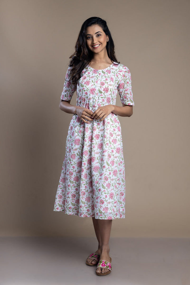 Hand-Block Printed Floral Maxi Dress