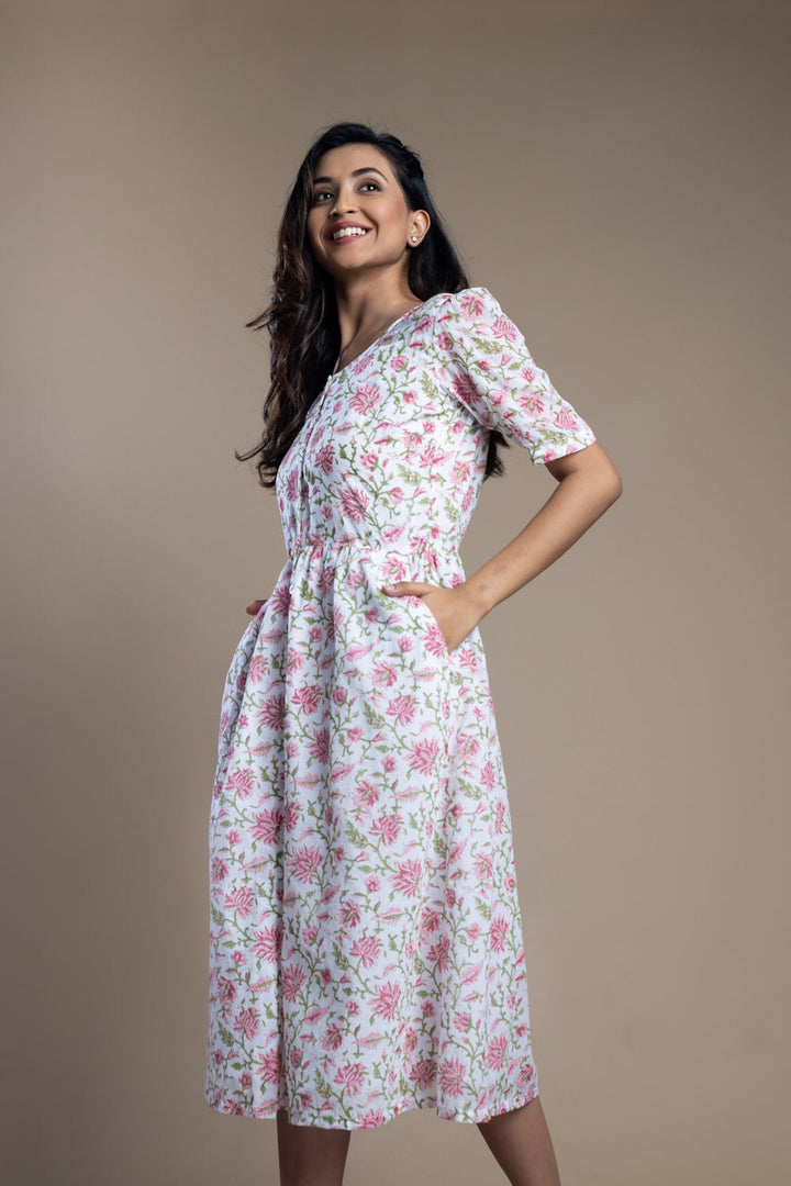 Hand-Block Printed Floral Maxi Dress