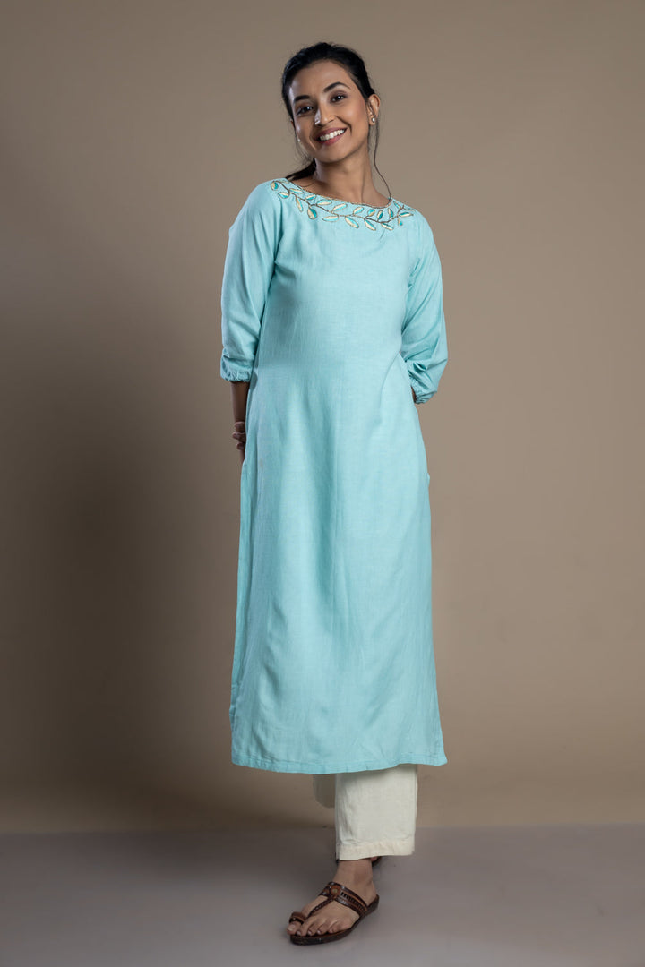 Blue Hand-Embroidered Kurti and Pant