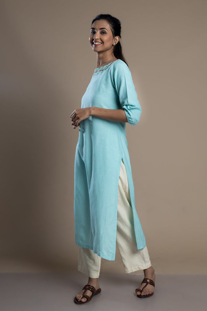 Blue Hand-Embroidered Kurti and Pant