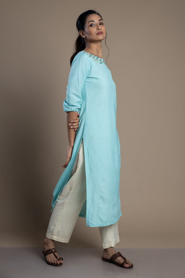 Blue Hand-Embroidered Kurti and Pant