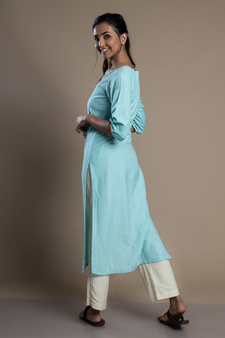 Blue Hand-Embroidered Kurti and Pant