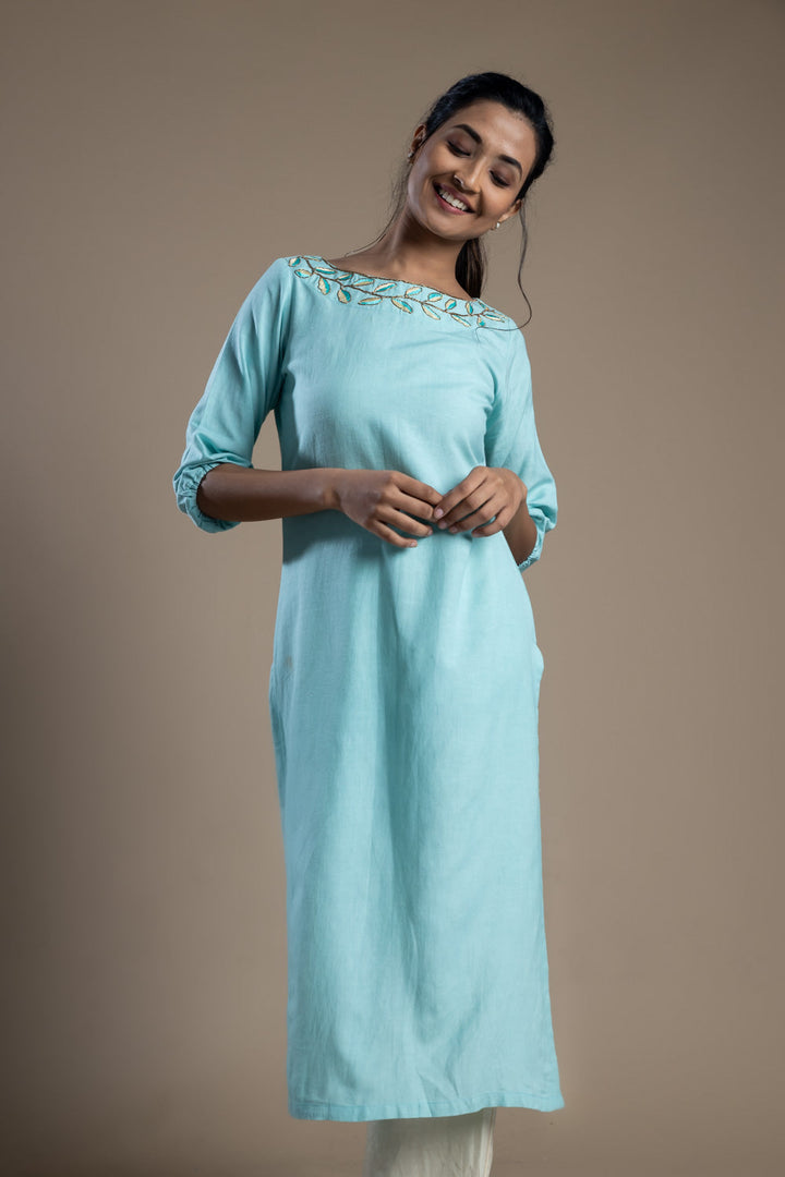 Blue Hand-Embroidered Kurti and Pant