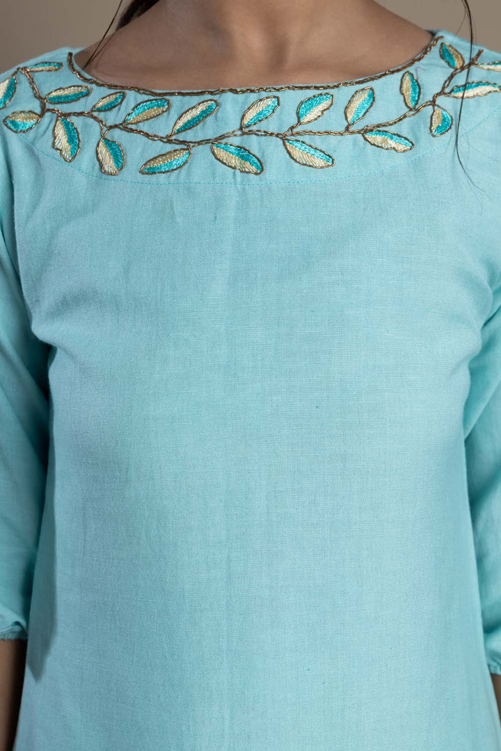 Blue Hand-Embroidered Kurti and Pant