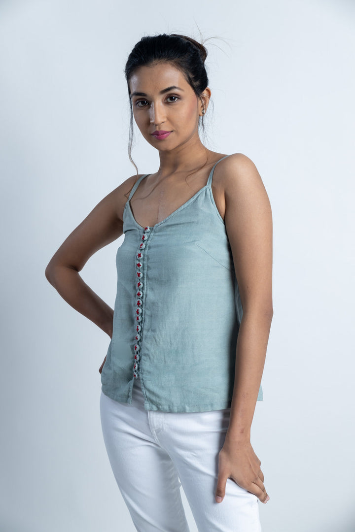 Grey Embroidered Button top