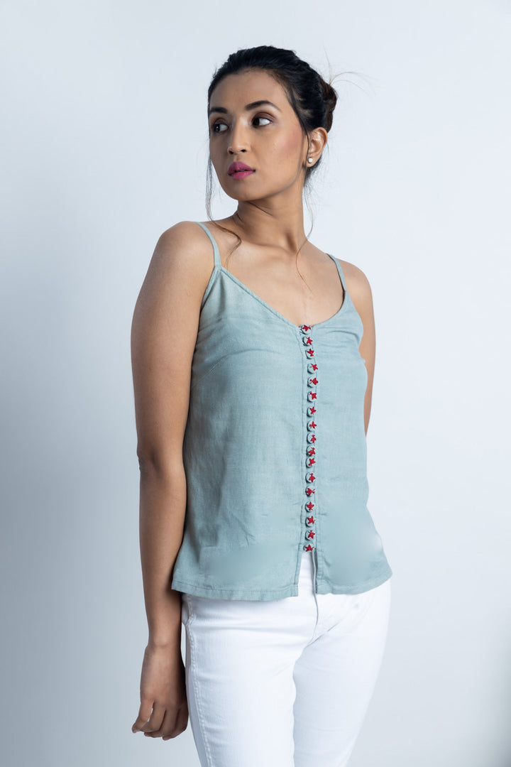 Grey Embroidered Button top