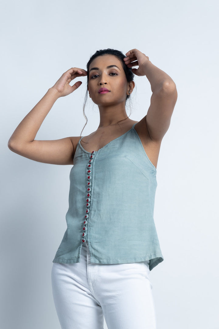 Grey Embroidered Button top